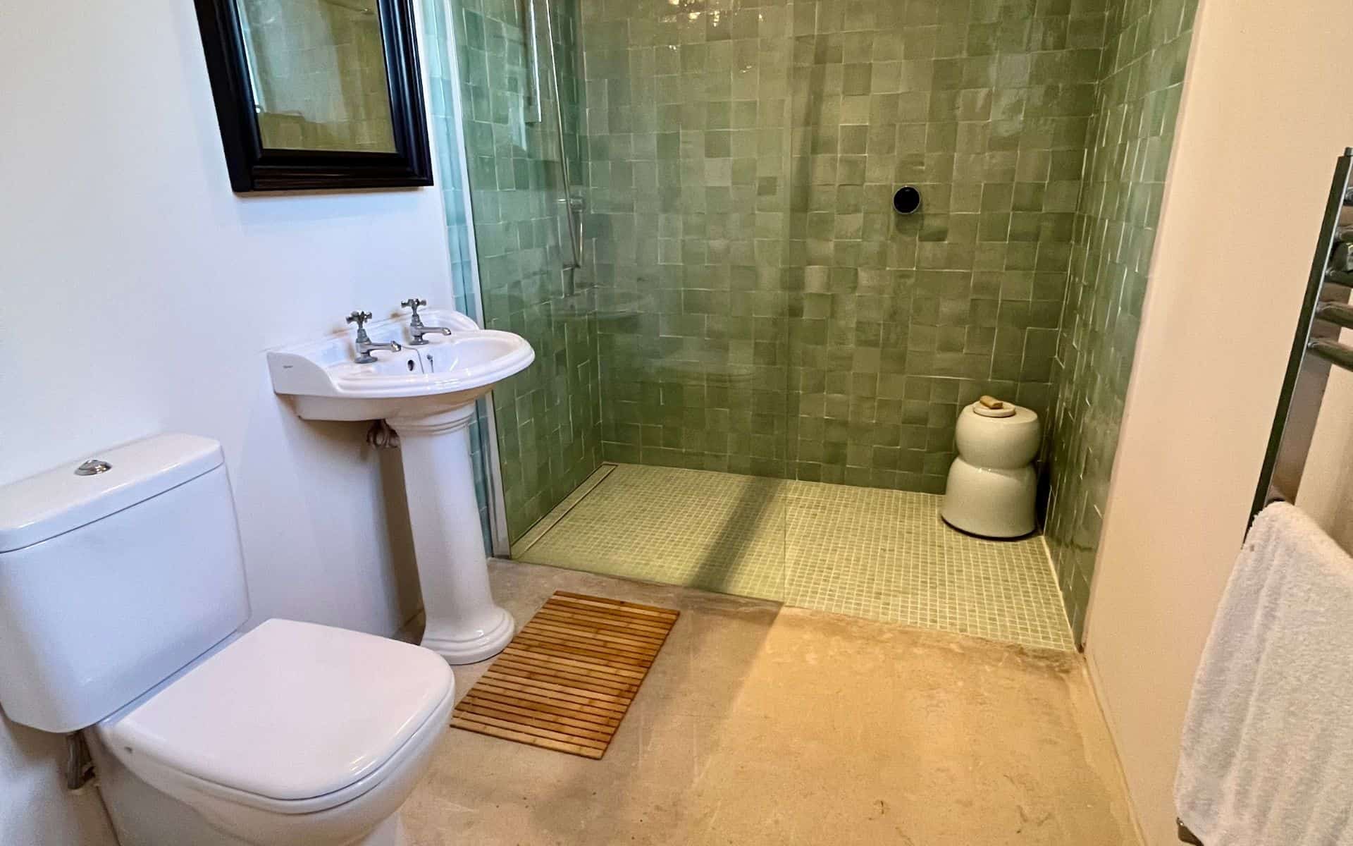 Modern bathroom with walk-in shower at The Stables, Norfolk.